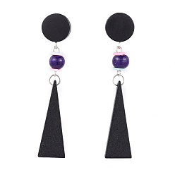 Black Pear Wood Dangle Earrings, with Polymer Clay Heishi Beads(Random Color) and 304 Stainless Steel Stud Earring Findings, Triangle, Black, 74mm, Pin: 0.6mm