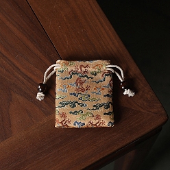 Navajo White Chinese Style Cloth Drawstring Bags, Rectangle with Dragon Jewelry Pouches, Navajo White, 8x7cm