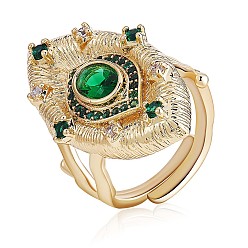 Golden Green Cubic Zirconia Evil Eye Adjustable Rings, Brass Chunky Ring for Men, Golden, US Size 4 1/4(15mm)