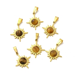 Тигровый глаз Ограненные солнцезащитные подвески из натурального тигрового глаза, золотистый тон 304 подвески из нержавеющей стали, 19x17x4 мм, отверстие : 6x3 мм