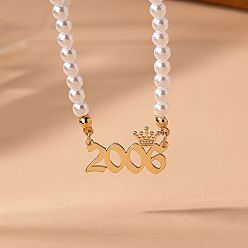Number Женские ожерелья из круглого белого бисера с имитацией жемчуга и подвеской в виде короны в виде года рождения, золотые, число 2006, 14.96 дюйм (38 см)