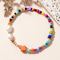 Оранжевый Стрейч-браслеты из бисера, Браслеты из бусин-крестиков из искусственной бирюзы и искусственного жемчуга для женщин, оранжевые, внутренний диаметр: 6-7/8 дюйм (17.5 см)