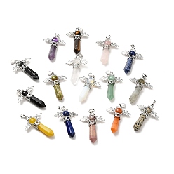 Mixed Goldstone Natural & Synthetic Mixed Gemstone Pendants, Angel Charms, with Rack Plating Platinum Tone Brass Findings, Cadmium Free & Lead Free, Mixed Dyed and Undyed, 52~53x37x11mm, Hole: 8x5mm