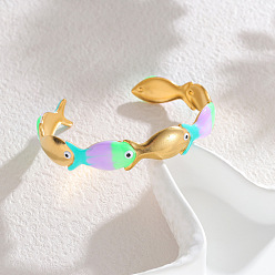 Разноцветный 304 эмалированные браслеты-манжеты из нержавеющей стали для женщин, рыба, реальный 18 k позолоченный, красочный, внутренний диаметр: 2.44 дюйм (6.2 см)
