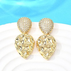 Настоящее золото 18K Серьги-гвоздики в форме капли с прозрачным кубическим цирконием из латуни, без кадмия и без свинца, стойки покрытие, реальный 18 k позолоченный, 32x14.5 мм