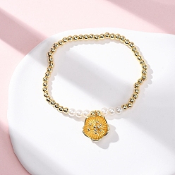 Настоящее золото 18K Браслеты с подвесками из латунных круглых бусин для женщин, цветок, с ABS имитации жемчуга, реальный 18 k позолоченный, внутренний диаметр: 2-1/8 дюйм (5.5 см)