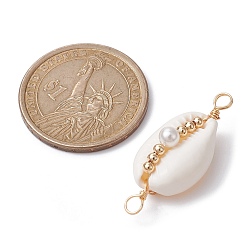 Golden Natural Shell Copper Wire Wrapped Connector Charms, with Shell Pearl Beads, Golden, 32x13x11mm, Hole: 2.8mm