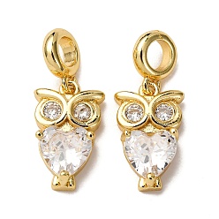 Золотой Латунные подвески-шармы в виде совы с прозрачными кубическими цирконами, Подвески с большими отверстиями, стойки покрытие, долговечный, без кадмия и без свинца, золотые, 22.5 мм, отверстие : 4 мм