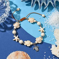 Шоколадный Браслеты из синтетического бирюзового плетения с морскими звездами и черепахами, регулируемые летние пляжные браслеты из сплава с подвесками для женщин, античное серебро, цвет шоколада, внутренний диаметр: 2-1/2~3-3/4 дюйм (6.2~9.6 см)