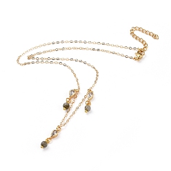Labradorite Natural Labradorite Bib Statement Necklaces, with Brass Cable Chains, Brass Cubic Zirconia Links, 304 Stainless Steel Lobster Claw Clasps and Cardboard Packing Box, Golden, 16.3 inch(41.5cm)