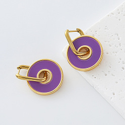 Dark Violet 304 Stainless Steel Enamel Hoop Dangle Earrings for Women, Round, Golden, Dark Violet, 30x22mm