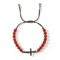 Красный Камень Браслеты из круглых бусин из натуральной красной яшмы сплетенные из бусин, браслеты с подвесками крест для мужчин