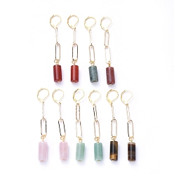 Mixed Stone Brass Dangle Leverback Earrings, with Natural Gemstone Pendants and Iron Paperclip Chains, Column, 72mm, Pin: 0.5x0.7mm