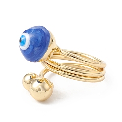 Blue Enamel Round with Evil Eye Finger Rings, Real 18K Gold Plated Brass Wrap Style Ring for Women, Blue, 5.5~19.5mm, Inner Diameter: 18mm