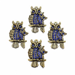 Antique Bronze Alloy Pendants, with Blue Rhinestone, Cadmium Free & Lead Free, Owl, Antique Bronze, 42x28.5x5mm, Hole: 2mm