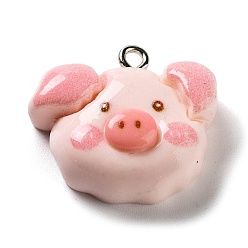 Pink Opaque Resin Pendants, Pig Head Charms with Platinum Plated Iron Loops, Pink, 20.5x23x7mm, Hole: 2mm