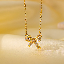 Bowknot Ожерелья с подвеской из латуни с микропаве и прозрачным кубическим цирконием для женщин, золотые, бантом, 15.75 дюйм (40 см), Кулон : 15x16 мм