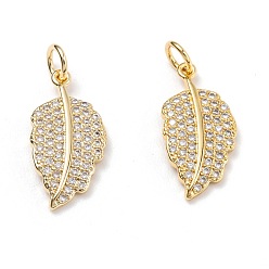 Золотой Латунные подвески, с прозрачным кубическим цирконием и прыжковыми кольцами, лист, золотые, 19x10x2 мм, отверстие : 3 мм
