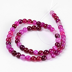 Fuchsia Natural Striped Agate/Banded Agate Beads, Dyed, Round, Fuchsia, Size: about 6mm in diameter, hole: 1mm, 63pcs/strand, 15.5 inch