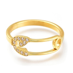 Золотой 304 палец кольца из нержавеющей стали, с четким кубического циркония, широкая полоса кольца, Форма предохранительного штифта, золотые, размер США 6~9, внутренний диаметр: 16~19 мм