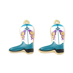 Dark Cyan Printed Brass Pendants, Cowboy Boot with Butterfly Charms, Rack Plating, Long-Lasting Plated, Lead Free & Cadmium Free, Real 18K Gold Plated, Dark Cyan, 24x17x3.5mm, Hole: 1.7mm