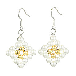 Platinum Rhombus Shell Pearl & Brass Dangle Earrings, Platinum, 43x23mm