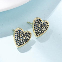Синий Сердце из латуни микро проложить кубического циркония серьги стержня, долговечный, стойки покрытие, без свинца и без кадмия, реальный 18 k позолоченный, синие, 11.5x13 мм