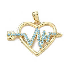 Golden Brass with Turquoise Rhinestone Pendants, Heart with Heartbeat Arrow Charms, Golden, 18.5x26x2.5mm, Hole: 4.5x2.5mm