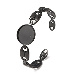 Black 304 Stainless Steel Coffee Bean Chain Cuff Bracelet Blanks with Flat Round Bezel Settings, Ion Plating(IP), Long-Lasting Plated, Black, Tray: 18mm, Inner Diameter: 1.85x2.36 inch(4.7x6cm)