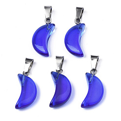 Blue Transparent Spray Painted Glass Pendants, with Platinum Plated Brass Bails, Moon Charms, Blue, 21.5x10.5x6mm, Hole: 4mm