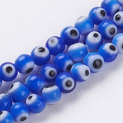 Blue Handmade Evil Eye Lampwork Beads Strands, Round, Blue, 4mm, Hole: 1mm, about 98pcs/strand, 14.3 inch(36.5cm)