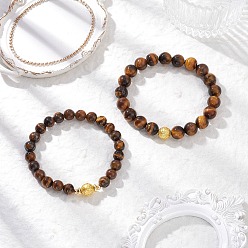 Тигровый глаз Эластичные браслеты из натурального тигрового глаза для пары, с круглыми латунными бусинами, внутренний диаметр: 2-1/8~2-3/8 дюйм (5.5~6 см), бусины : 8 мм и 10 мм, 2 шт / комплект
