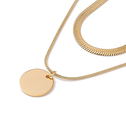 Golden 2Pcs 2 Style Ion Plating(IP) 304 Stainless Steel Flat Round Pendant Necklaces Set, Herringbone & Snake Chains Stackable Necklaces for Women, Golden, 15.94~17.72 inch(40.5~45cm), 1Pc/style