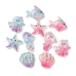 (52) Непрозрачная лаванда Прозрачные смолы кабошоны, морское животное, с блестка, разноцветные, 19~26x15~23.5x5~6 мм