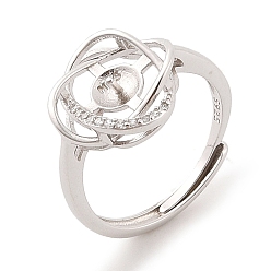 Платинированный 925 Кольцевые крепления из стерлингового серебра с микропаве из кубических цирконий с жемчужным гнездом, за половину пробурено бисера, ромб, Реальная платина, регулируемый