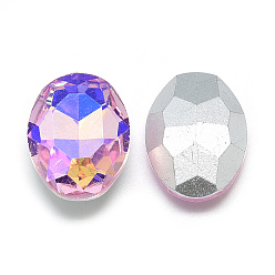 Pearl Pink Pointed Back Glass Rhinestone Cabochons, Back Plated, Faceted, AB Color Plated, Oval, Pearl Pink, 14x10x4.5mm