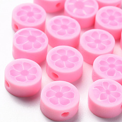 Pink Handmade Polymer Clay Beads, Flat Round with Flower, Pink, 9~10x4~5mm, Hole: 1.4mm