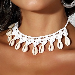 Белый Ожерелья-чокеры ручной работы из полиэстерового шнура в стиле бохо с кисточками из натуральных ракушек каури для женщин, белые, 15.75~23.62 дюйм (40~60 см)