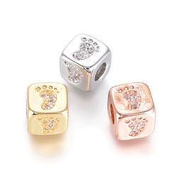 Mixed Color Brass Beads, with Micro Pave Cubic Zirconia, Cube with Baby Footprint, Clear, Mixed Color, 6x6x6mm, Hole: 3mm