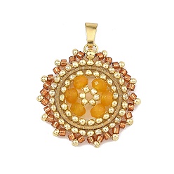 Brown 304 Stainless Steel & Cylinder Glass Seed Beads Pendants, Sun Charms, with Dyed Natural Malaysia Jade Rondelle Beads, Brown, 29x27.5x4.5mm, Hole: 2.5x5.5mm