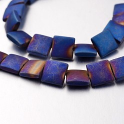 Blue Plated Electroplate Non-magnetic Synthetic Hematite Bead Strands, Frosted, Flat Slice Square Beads, Blue Plated, 8x8x3mm, Hole: 1mm, about 49pcs/strand, 15.7 inch
