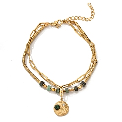 Плоский Круглый Богемный стиль 304 браслет из двух слоев с цепочкой из нержавеющей стали и бусинами из натуральных и синтетических камней, браслеты с подвесками для женщин, плоские круглые с солнцем, плоские круглые с солнцем, 6.81 дюйм (17.3 см), подвеска: 15x12 мм.