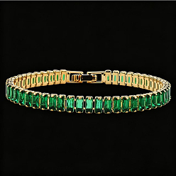 Verde Pulseras de tenis rectangulares de latón con circonitas cúbicas para mujer., dorado, verde, 7.09 pulgada (18 cm)