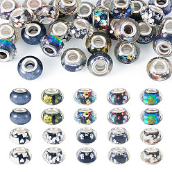 Черный 30шт. напечатанных прозрачных европейских бусин из смолы, бусины с большим отверстием, рондель с латунными сердечниками, покрытыми серебром, и блестящей пудрой, чёрные, 14x8.5 мм, отверстие : 5 мм