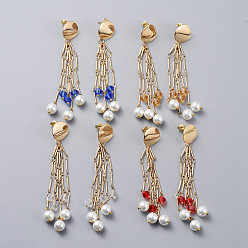 Mixed Color Long Tassel Earrings, Brass Dangle Stud Earrings, with Rhombus Glass, Glass Pearl Beads and Earring Backs/Ear Nuts, Golden, Mixed Color, 92mm, Pin: 0.7mm