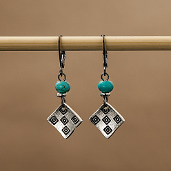 Antique Silver Alloy Rhombus Leverback Earrings for Women, Resin Imitation Turquoise Beads Dangle Earrings, Antique Silver, 39mm