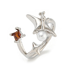 Красный топаз Открытое кольцо-манжета со стразами из цинкового сплава в форме звезды, с искусственным жемчугом из смолы, для женщин, платина, красный топаз, внутренний диаметр: 16 мм