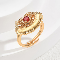 Красный Регулируемые кольца для женщин с латунным паве из кубического циркония, форма вентилятор, золотые, красные, 20x14 мм