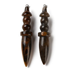 Тигровый глаз Естественно тигровый глаз большие кулоны, подвески в форме меча с застежками-кнопками из нержавеющей стали, цвет нержавеющей стали, 69~71x14~14.5 мм, отверстие : 5x3.5 мм