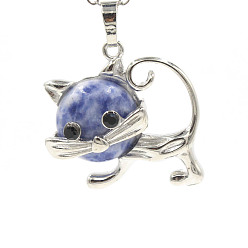 Blue Spot Jasper Natural Blue Spot Jasper Pendants, with Platinum Plated Brass Findings, Cat Shape Charms, 35x29x10mm